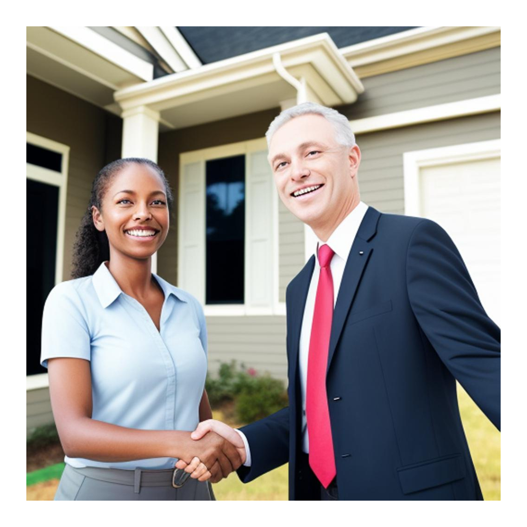 Smiling veteran and real estate agent shaking hands in front of a new home